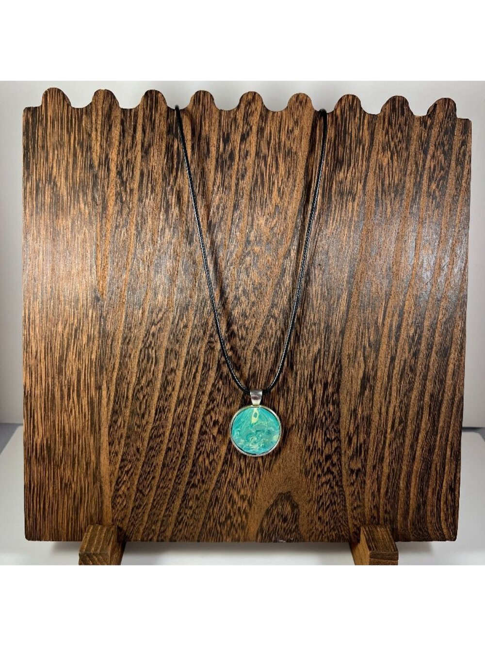 Acrylic Pour Pendant Necklace With Turquoise Swirls & Cord